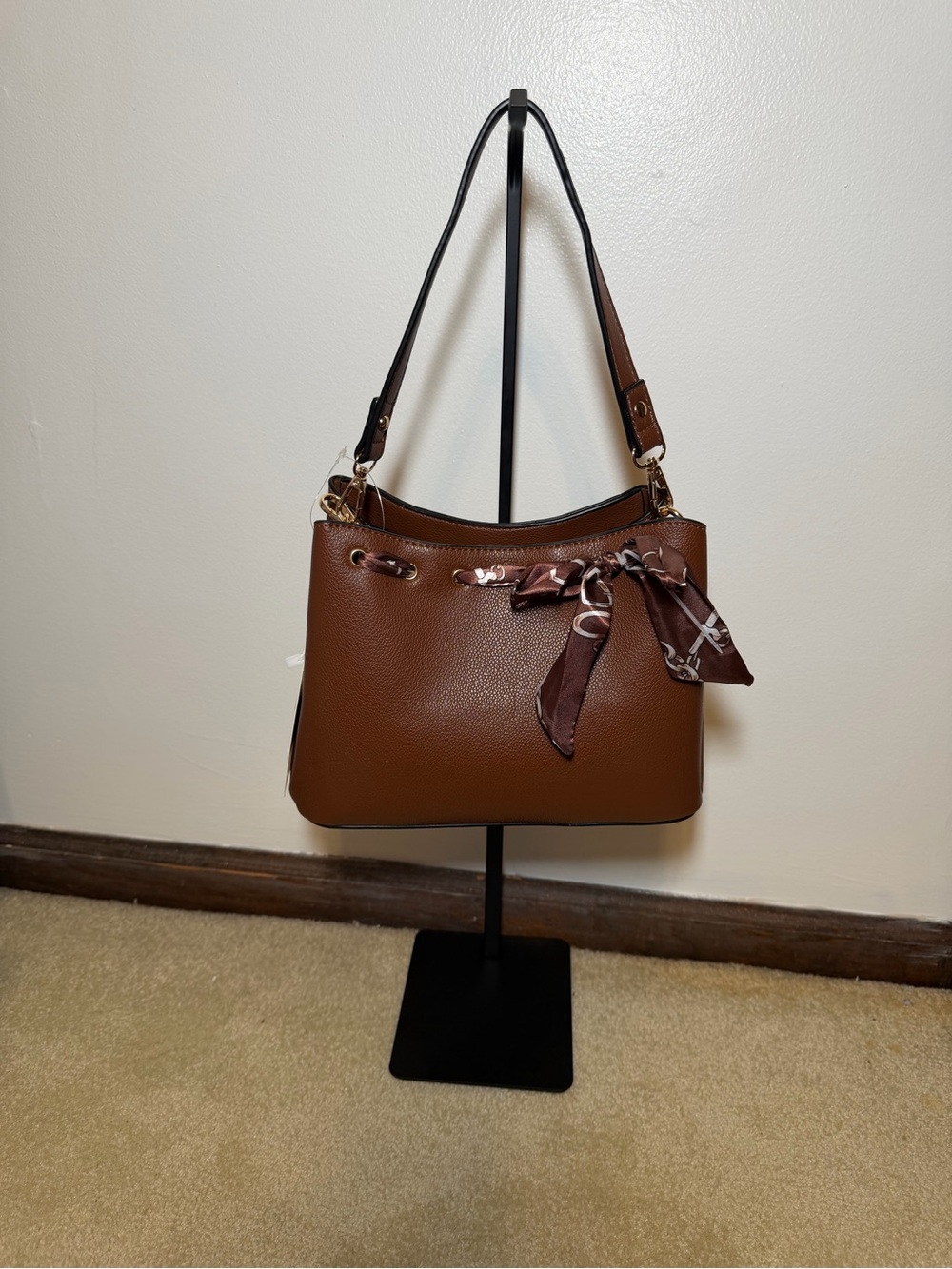 Classic Brown Women’s Shoulder Bag with Scarf Accent